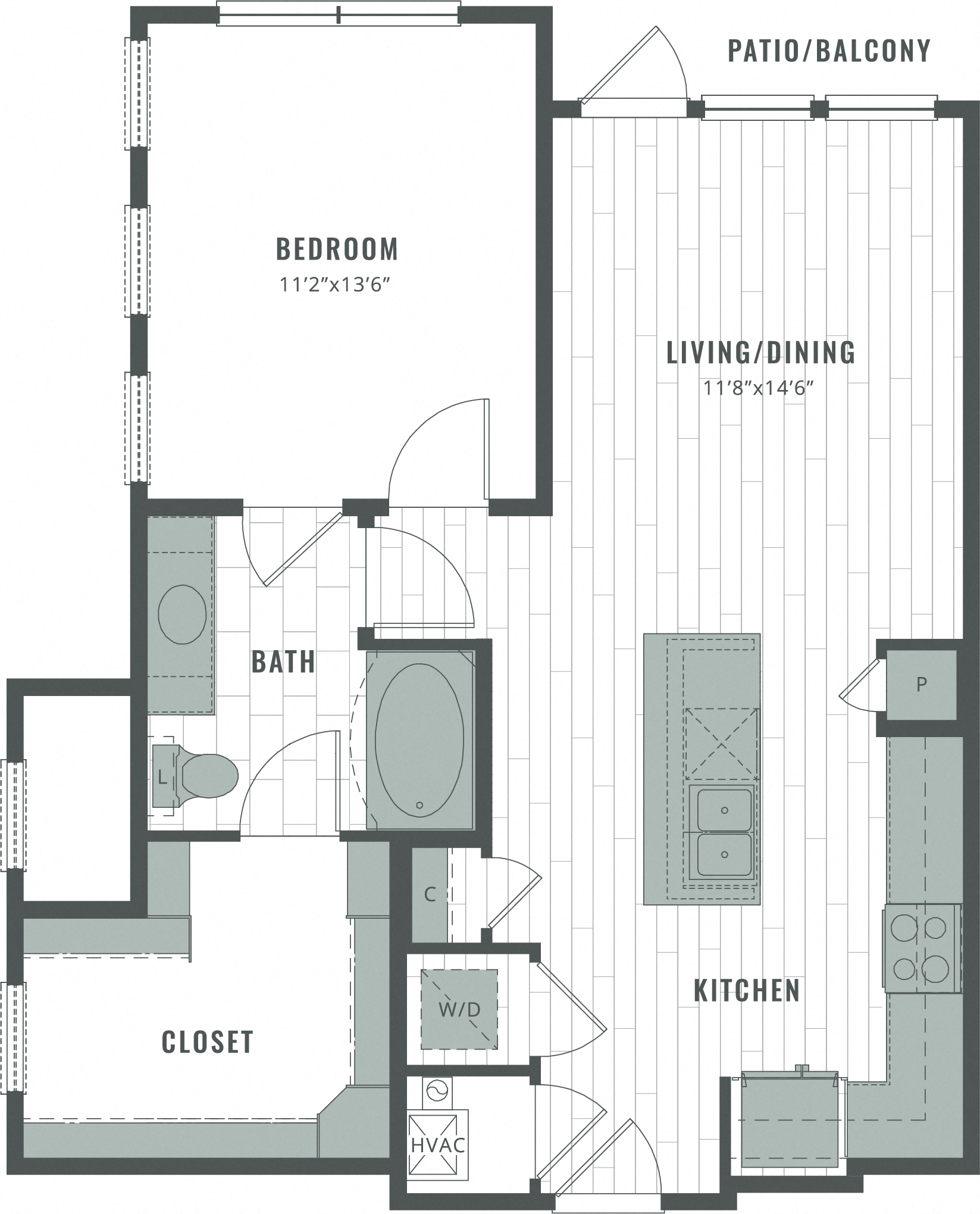 Floor plan for 1 bed, 1 bath, 813 sqft